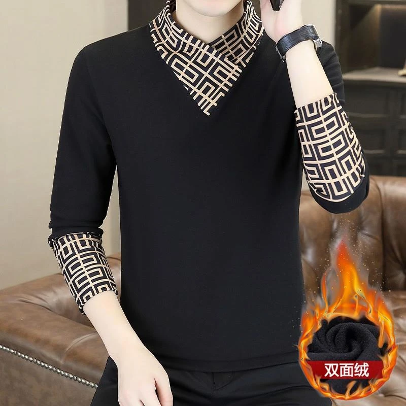 假两件保暖内衣男款上衣单件加绒加厚秋衣冬季男士双面德绒打底衫