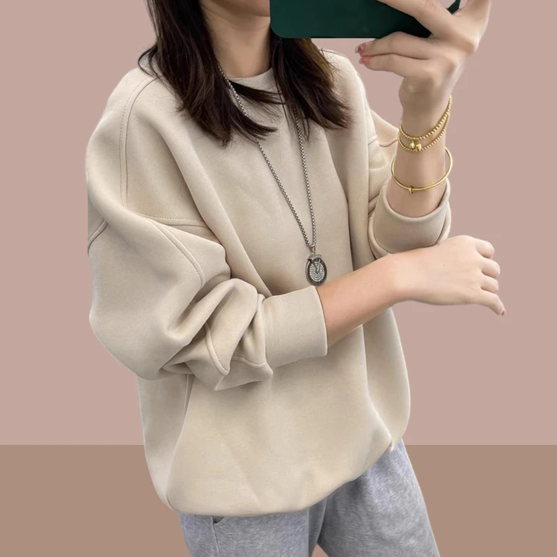 棉质圆领卫衣女秋冬2025新款加绒加厚宽松套头慵懒风冬季ins潮