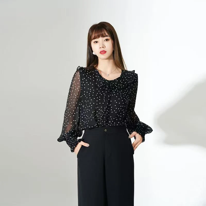 优雅黑色波点雪纺衫轻盈透气春秋适宜衬衫上衣显瘦气质长袖时尚