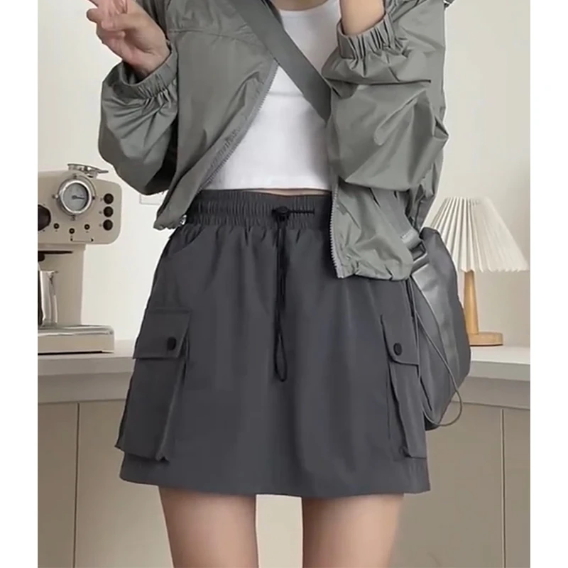 松紧腰抽绳宽松显瘦半身裙女夏季大码梨形身材胖妹妹百搭工装短裙
