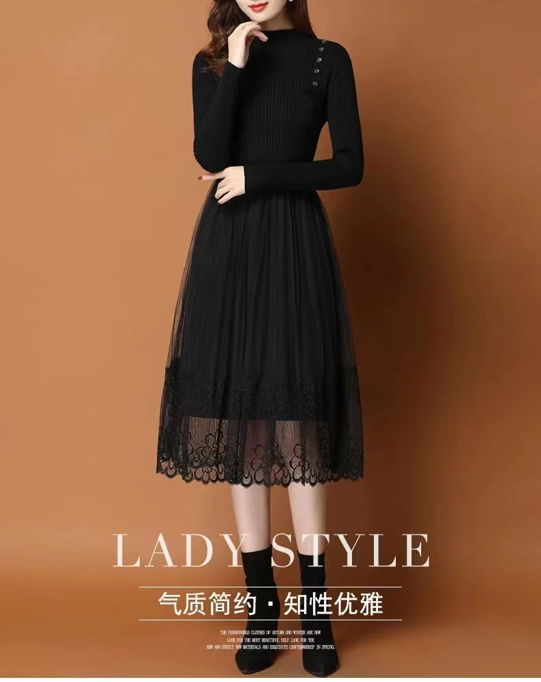 2024新款秋季毛衣连衣裙宽松连衣裙女装连衣裙蕾丝显瘦气质时尚