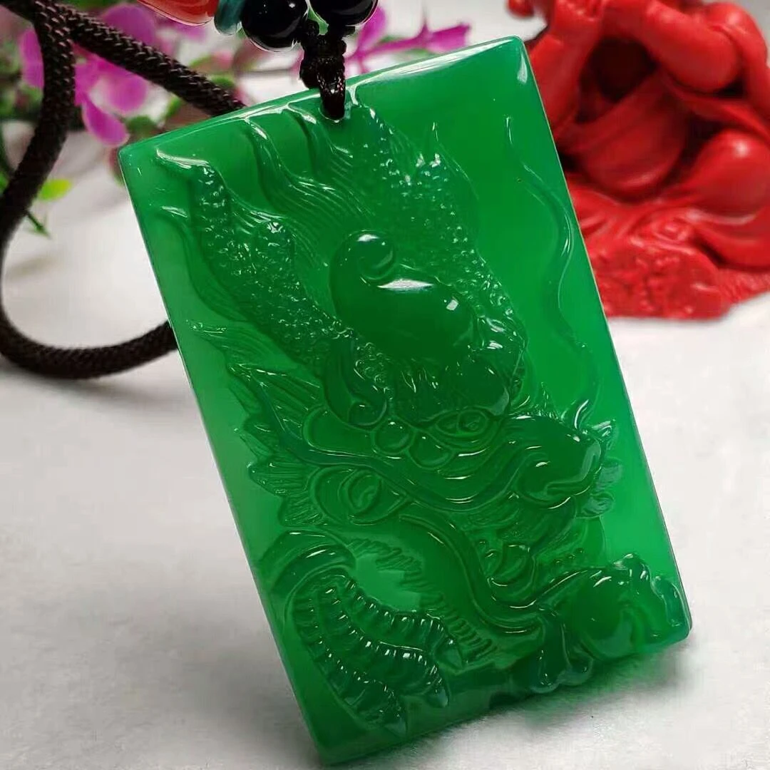 非金属吊坠 龙牌吊坠碧绿龙牌精美百搭绿色生肖属相项链雕刻男士