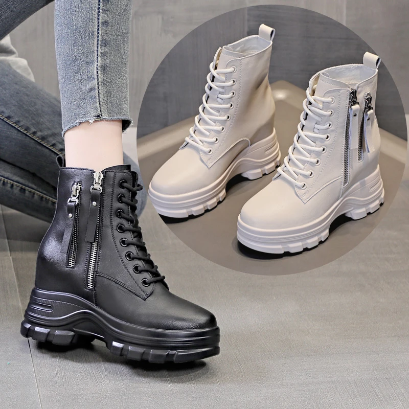 真皮内增高马丁靴女9CM厚底牛皮短筒靴子秋冬新款加棉防滑保暖鞋