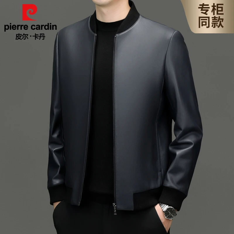皮尔卡丹新款真皮皮衣头层绵羊皮棒球领皮夹克简约休闲棒球服外套