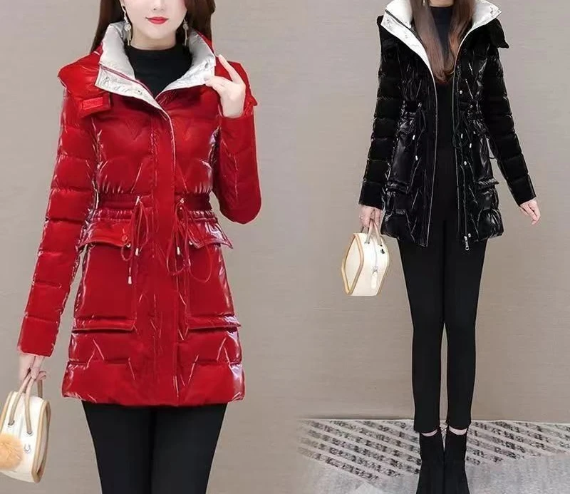 亮面免洗珠光炫彩羽绒棉服女中长款秋冬新款加厚修身显瘦棉服棉袄