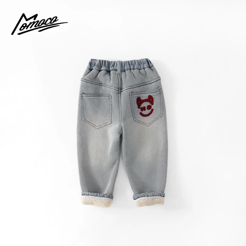 MOMOCO冬季新款男童韩版休闲加绒小牛头标牛仔裤77430350011