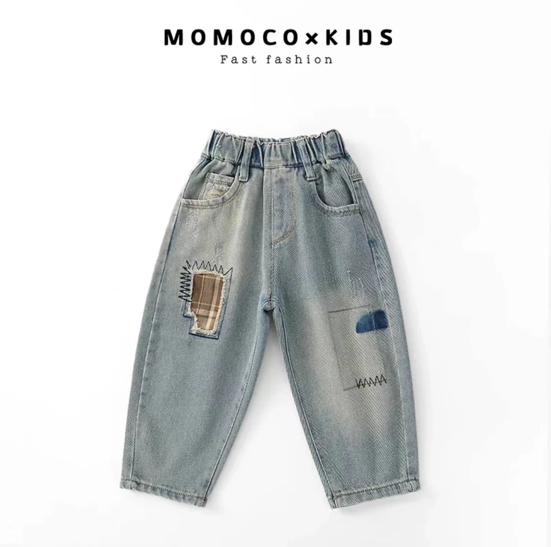 MOMOCO春季男童休闲牛仔裤儿童裤子时尚贴布磨旧长裤75330350012