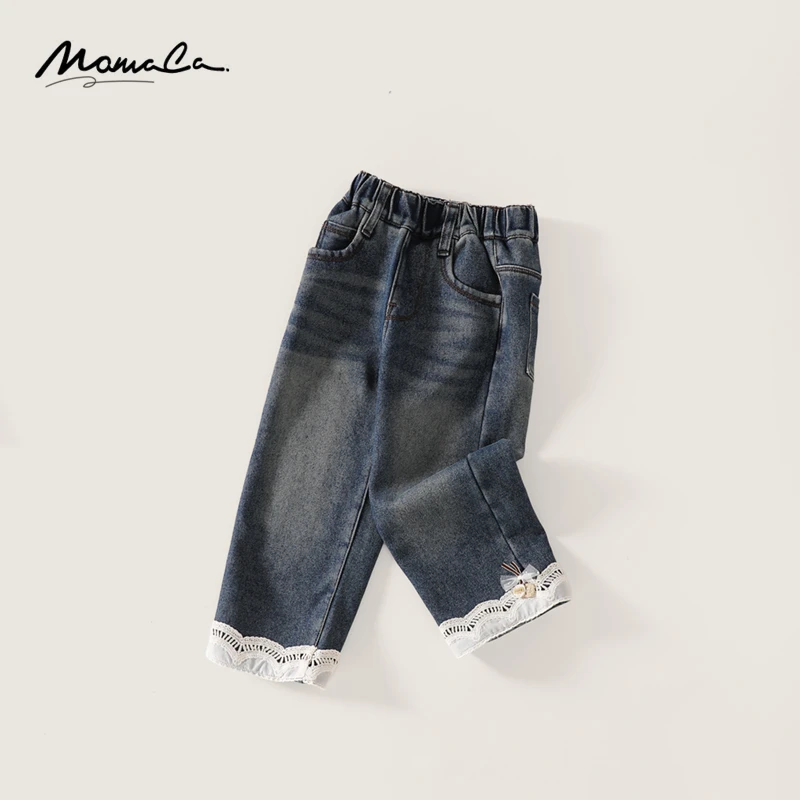 MOMOCO冬季新款女童甜美花边加绒牛仔裤75830350016