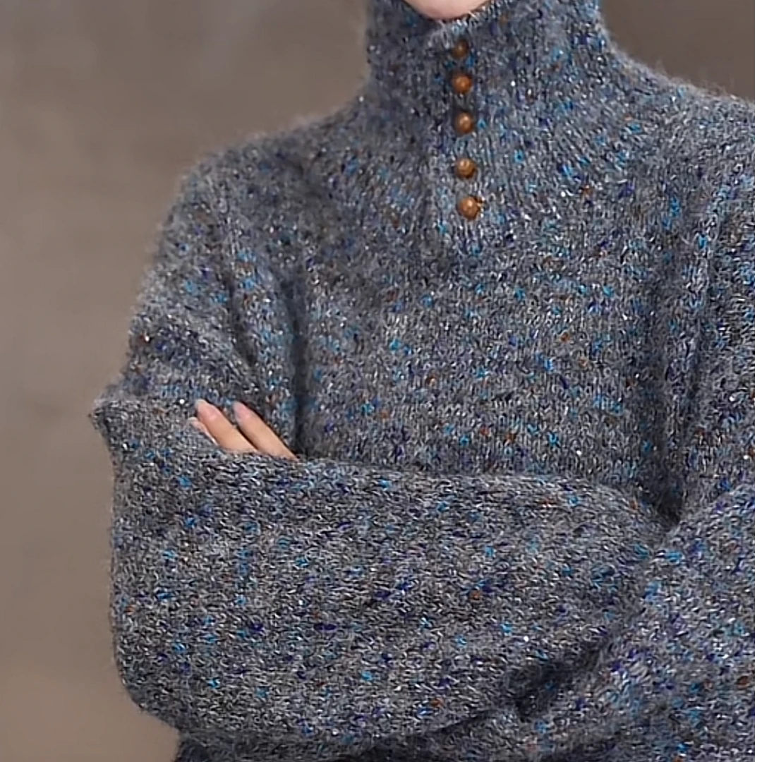 2024秋冬爆款长袖宽松针织衫女时尚闪亮厚款百搭减龄翻领毛衣上衣