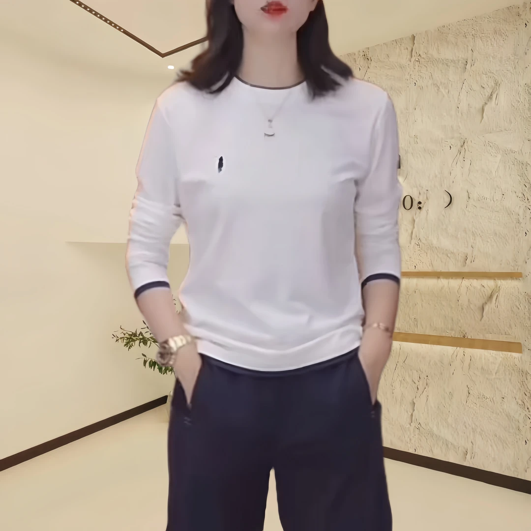 假两件白色长袖T恤女2024早秋新款圆领内搭修身显瘦百搭打底上衣