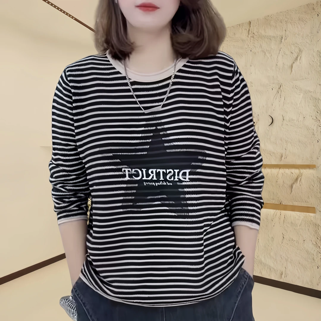 条纹长袖2024秋季新款针织衫时尚圆领上衣百搭显瘦打底衫宽松毛衣