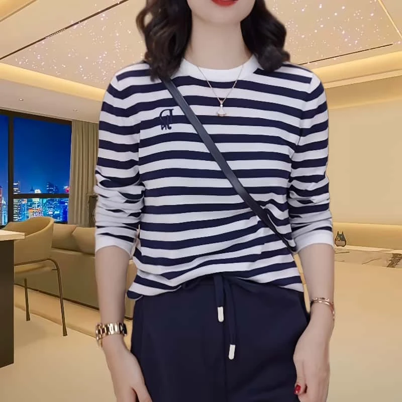 宽松圆领长袖条纹衫上衣女2025早春新款时尚休闲显瘦百搭打底衫