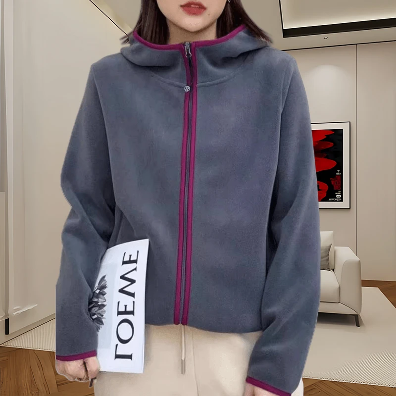 春秋新款洋气撞色边设计感连帽卫衣女双面绒保暖短外套妈妈装上衣