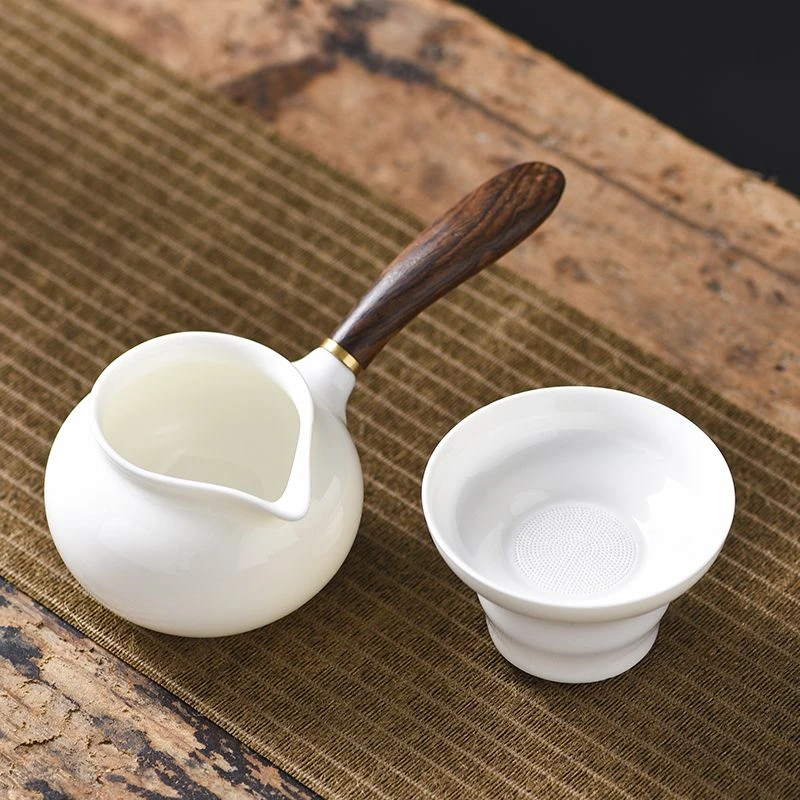 羊脂玉茶漏全瓷一体过滤简约茶滤网木把公道杯分茶超细纯白套装