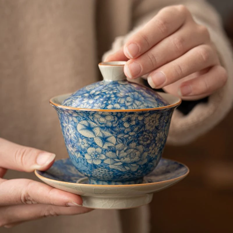 茶溜子汝窑青花瓷繁花三才盖碗防烫手工泡茶茶具复古单个陶瓷茶碗