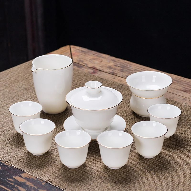 新款羊脂玉描金茶杯套装德化白瓷家用盖碗茶具客厅简约陶瓷泡茶器
