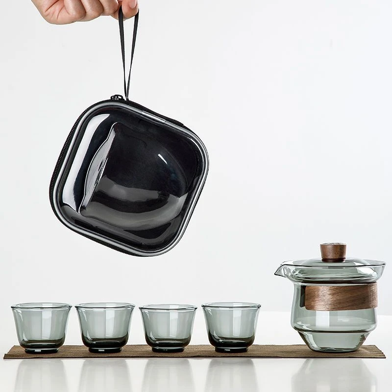 暮雨烟灰旅行茶具一壶两杯四杯日式防烫玻璃盖碗便携式快客杯精致