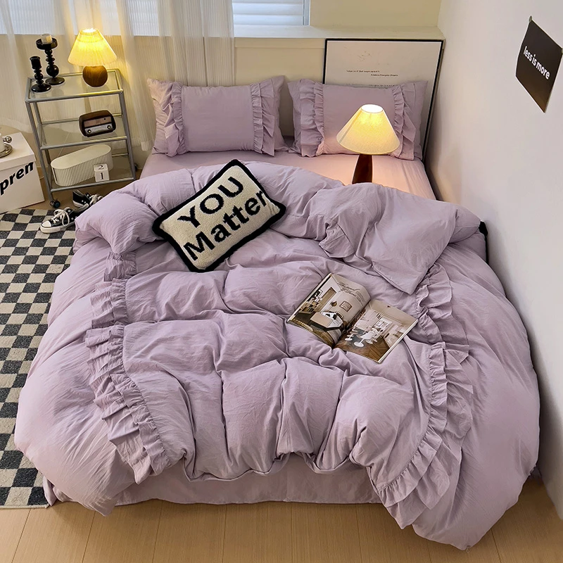 2024款水洗棉花边拼接四件套床品韩版学生宿舍三件套床单床裙被套