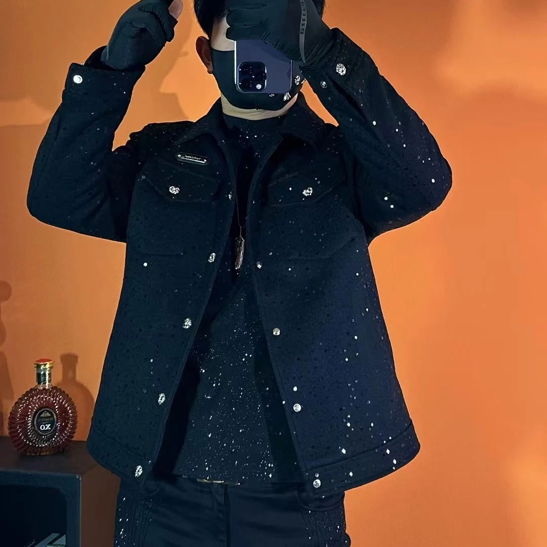 2024男士轻奢黑色时尚气质潮流翻领外套夹克冬季JK111