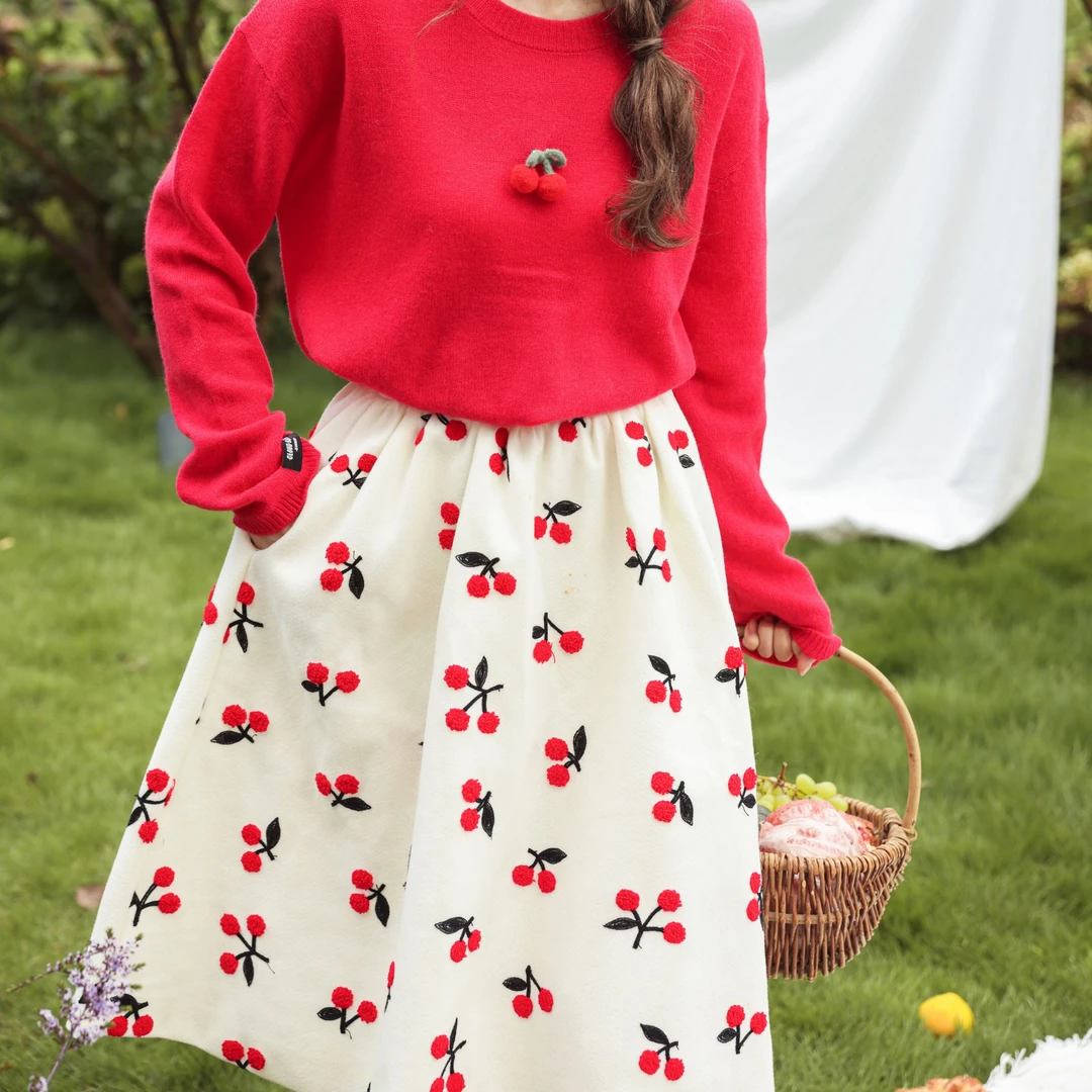 【现货】樱桃秋冬毛呢伞裙冬季半身裙时尚红色百搭洋气裙子半裙秋季