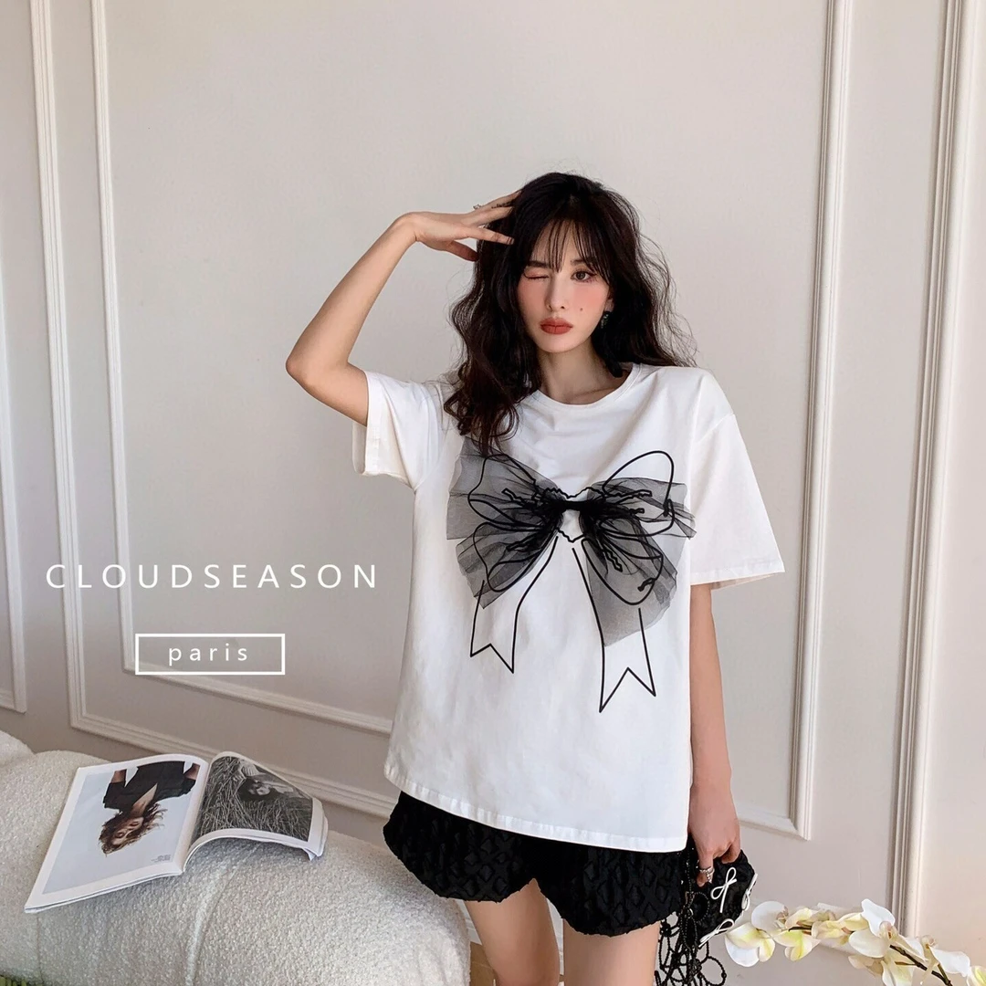Cloud season 【女装】设计感网纱蝴蝶结T恤 CDX21085