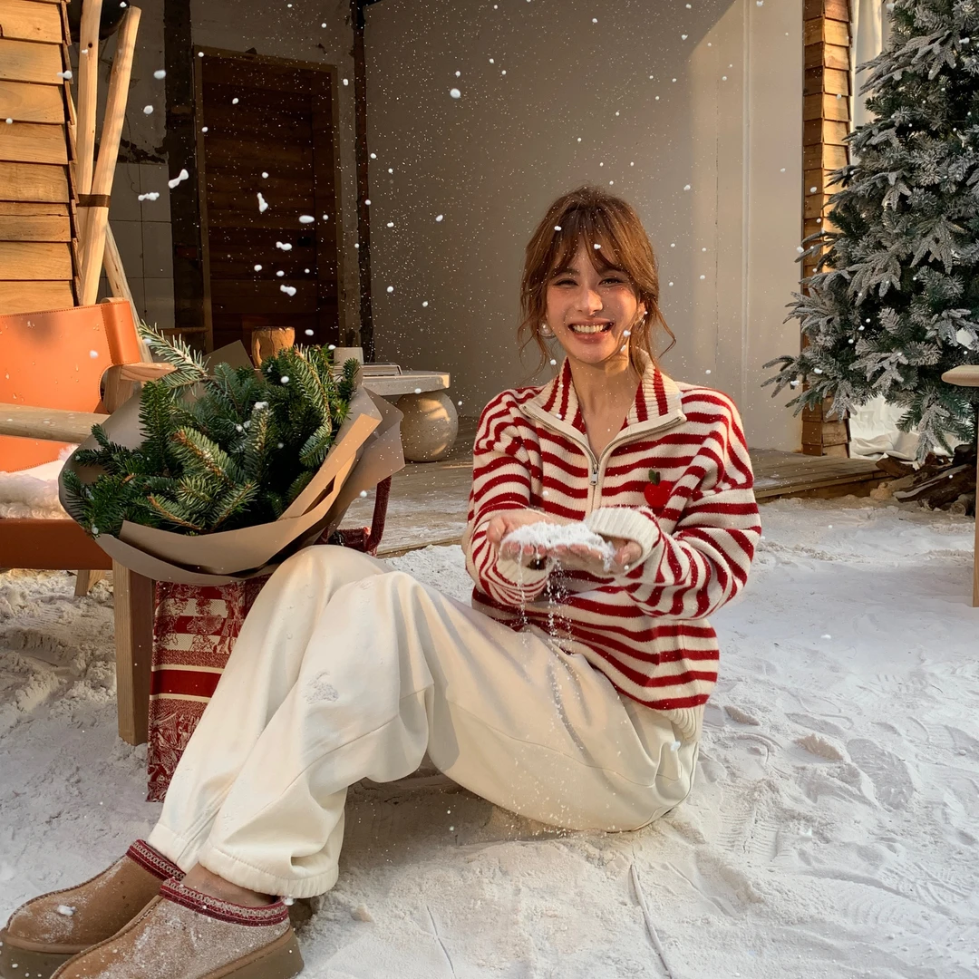 Cloud season小苹果条纹秋冬韩版毛衣翻领撞色外套圆领复古休闲CM