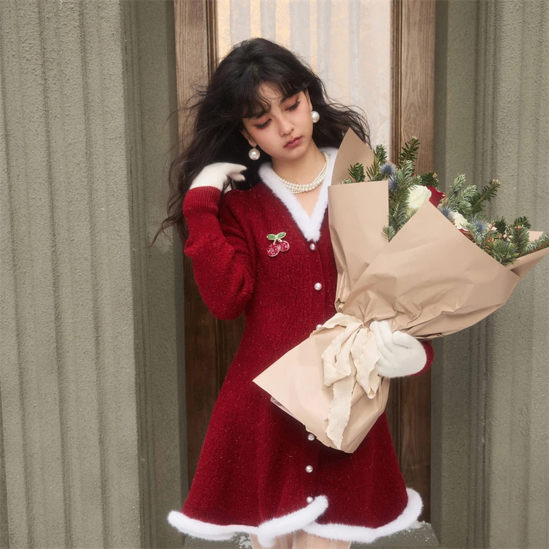 Cloud season毛边樱桃秋冬冬季加绒毛衣裙CKS23712