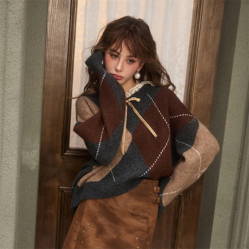 Cloud season【现货】卓仕琳同款蕾丝菱格复古毛衣菱格拼色针织开衫