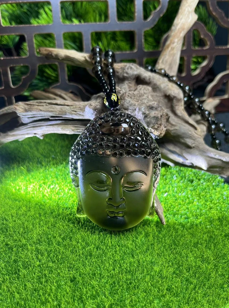 C839-黑冰云石黑曜石佛头吊坠-配绳子-