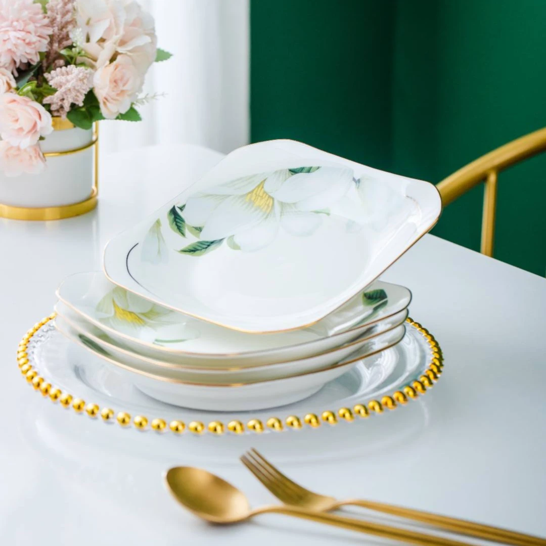 景德镇8英寸如意盘5个装骨瓷描金盘子装 盘碟菜盘家用菜碟子套装