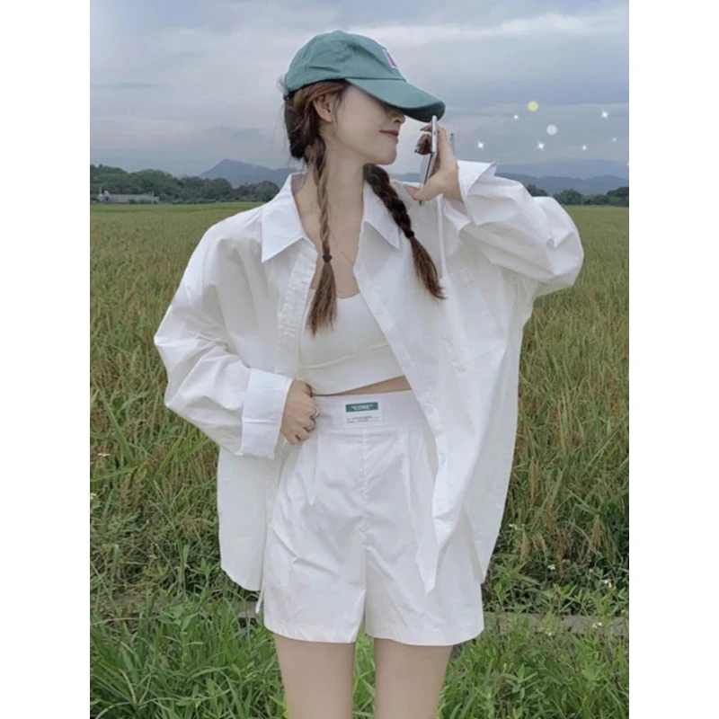 盐系中长款白衬衫外套女春秋外搭上衣宽松慵懒风防晒长袖纯棉衬衣