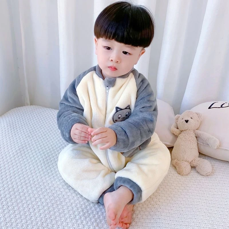 宝宝珊瑚绒睡衣秋冬连体儿童法兰绒睡袋男童爬服小童冬季加厚保暖