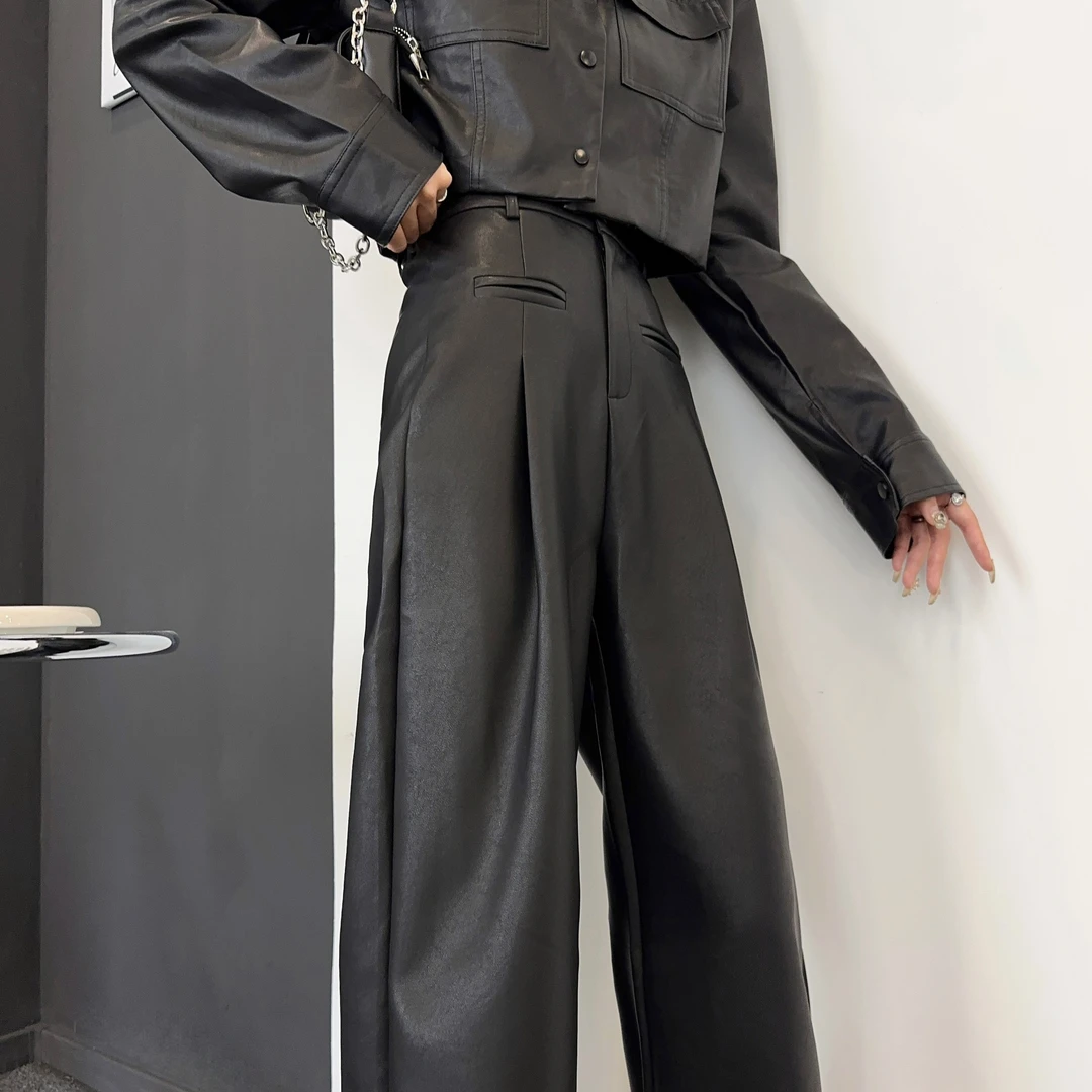 裤长112超长版休闲PU皮裤女美式宽松阔腿裤175加长秋冬磨毛机车风