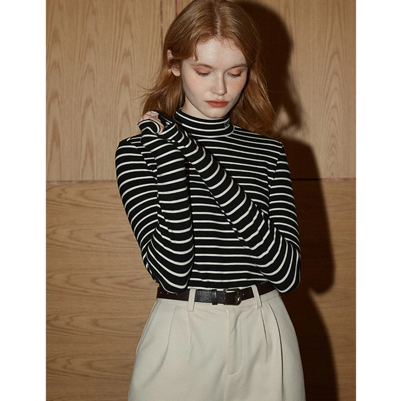 库恩玛维半高领条纹长袖T恤女2023秋冬年新款刺绣字母内搭打底衫