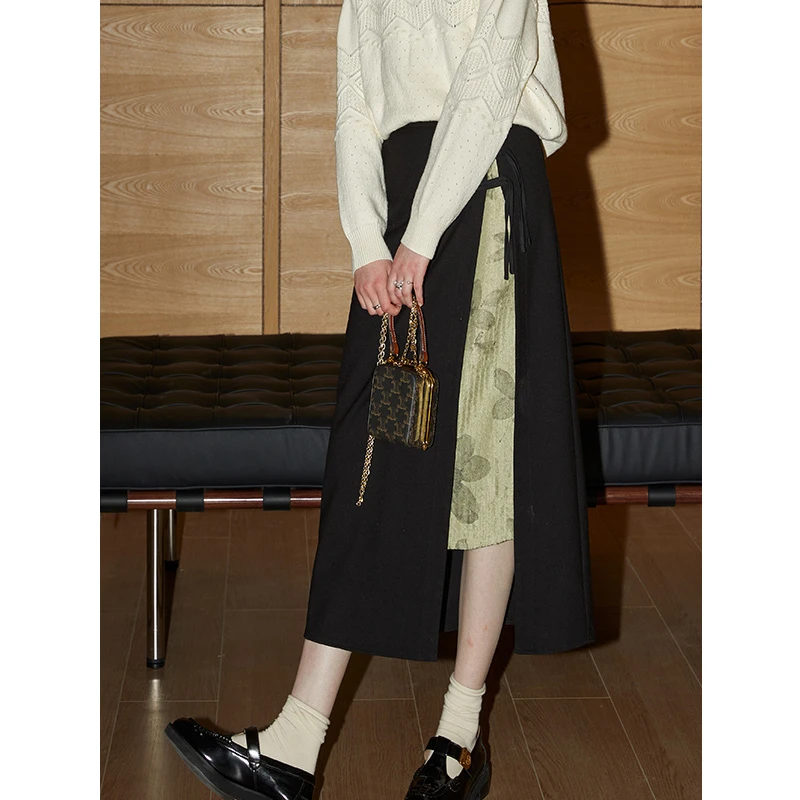 库恩玛维新复古撞色拼接半身裙女2023秋冬新款高腰开叉中长中国风