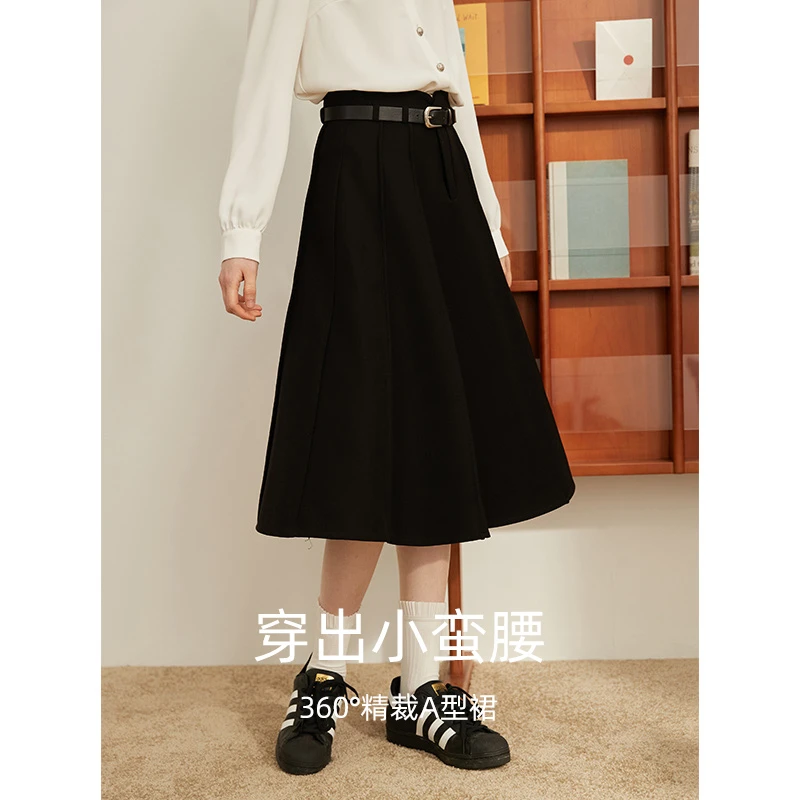 库恩玛维赫本风百褶半身裙女2023年秋冬新款高腰百搭中长款伞裙子