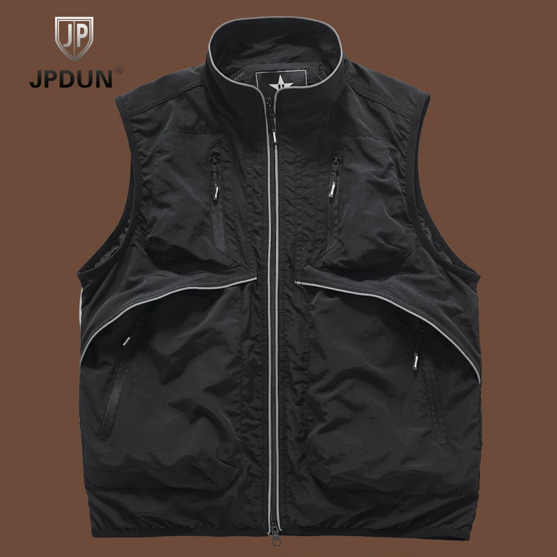 JPDUN夏季薄款男士多口袋工装马甲宽松休闲时尚百搭立领纯色背心