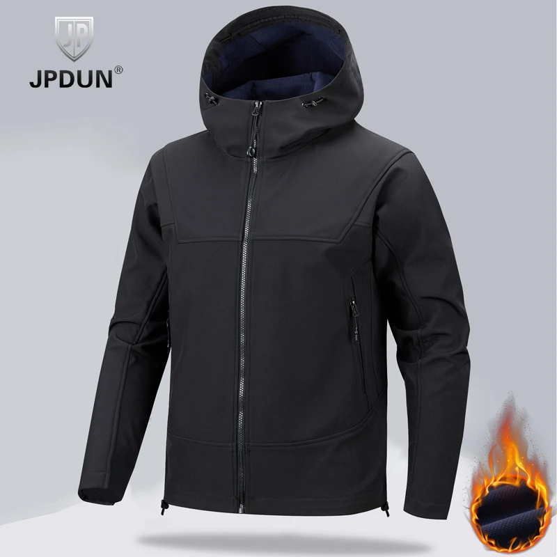 JPDUN秋冬季户外运动登山保暖软壳抓绒衣男休闲百搭弹力连帽外套