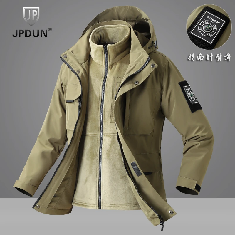 JPDUN三合一保暖户外风衣男士大码秋冬户外防风防水连帽登山外套