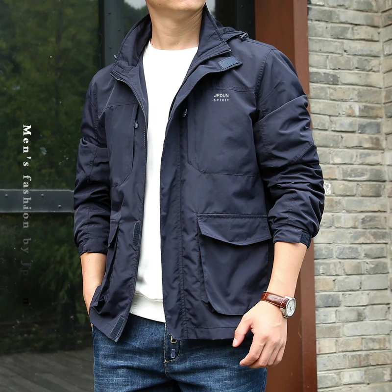 【断码优惠】 JPDUN运动休闲多口袋工装夹克男士春秋可脱卸帽外套