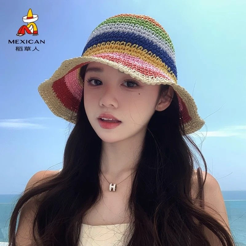 Mexican/稻草人多巴胺拼色编渔夫帽子女夏季百搭遮阳防晒帽太阳帽