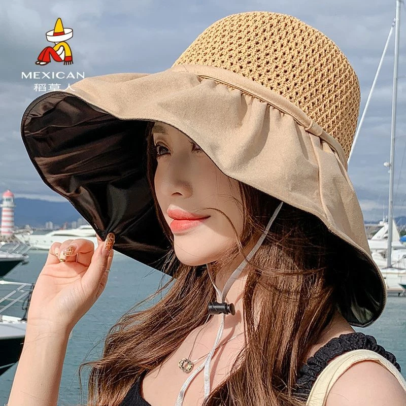 Mexican/稻草人帽子女夏防晒遮阳帽春秋大沿遮脸百搭黑胶渔夫帽潮