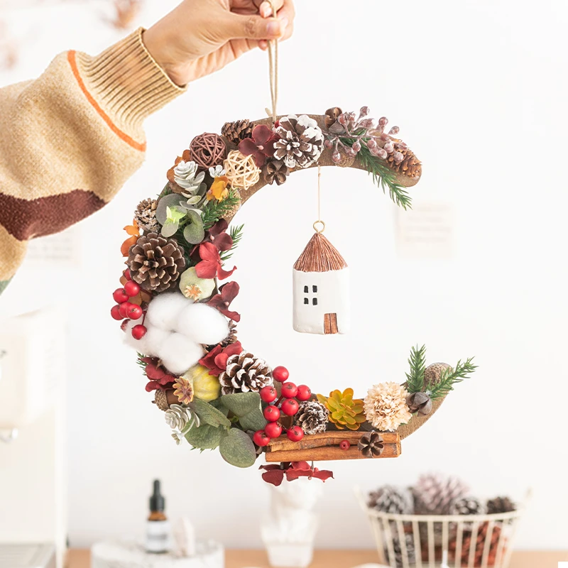 阿楹 儿童房女卧室入户门干花花环新年乔迁圣诞墙面装饰月亮挂件