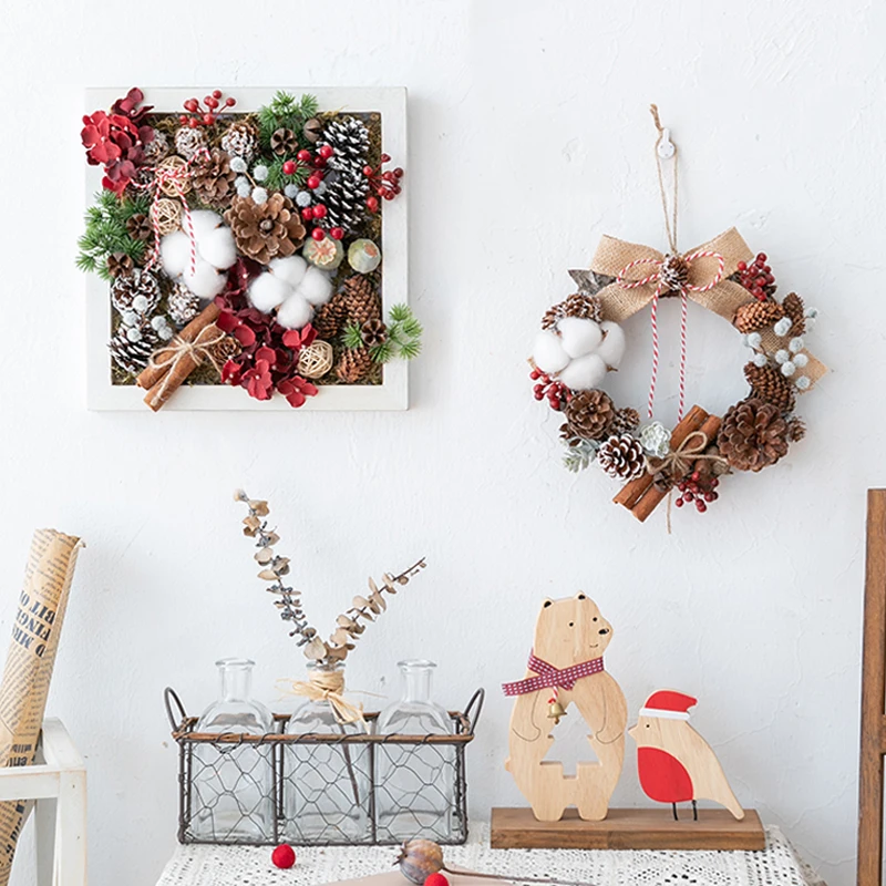 阿楹 森系干棉花松果装饰圣诞节花环场景布置创意餐厅背景墙挂件