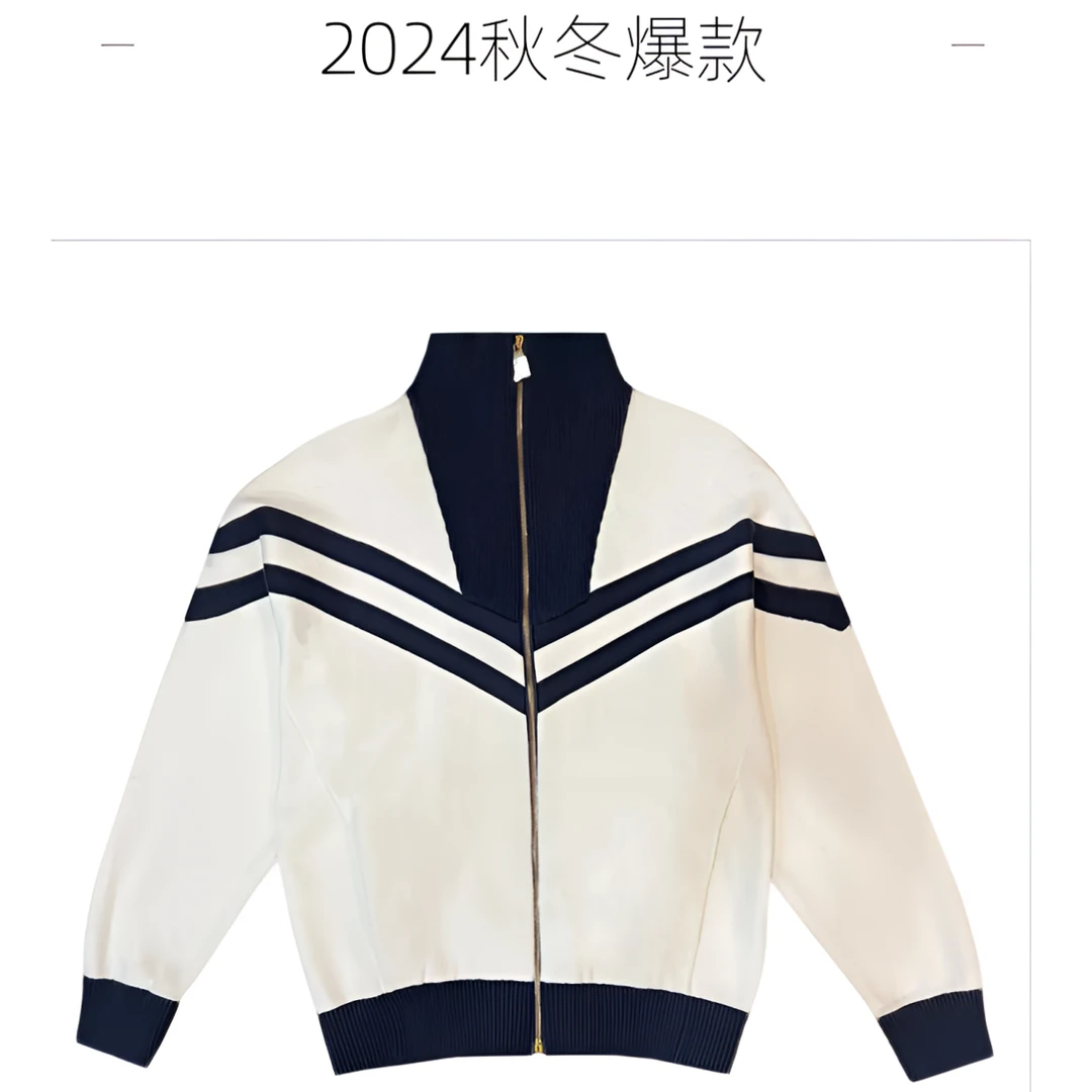 2024秋冬爆款 条纹字母立领拉链长袖针织衫 男女款 白色