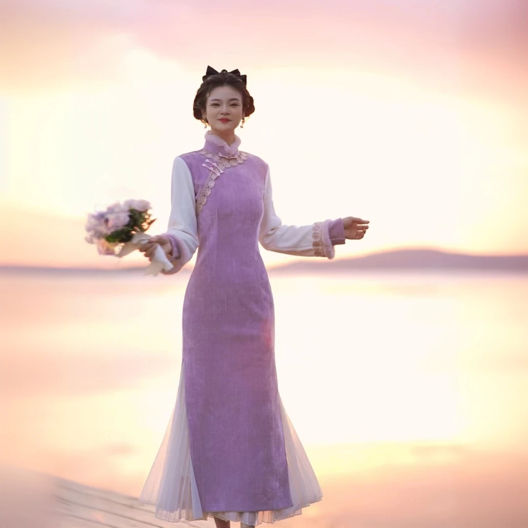 [紫霞仙子]冬季新款新中式气质修身旗袍日常款复古优雅中国风显瘦