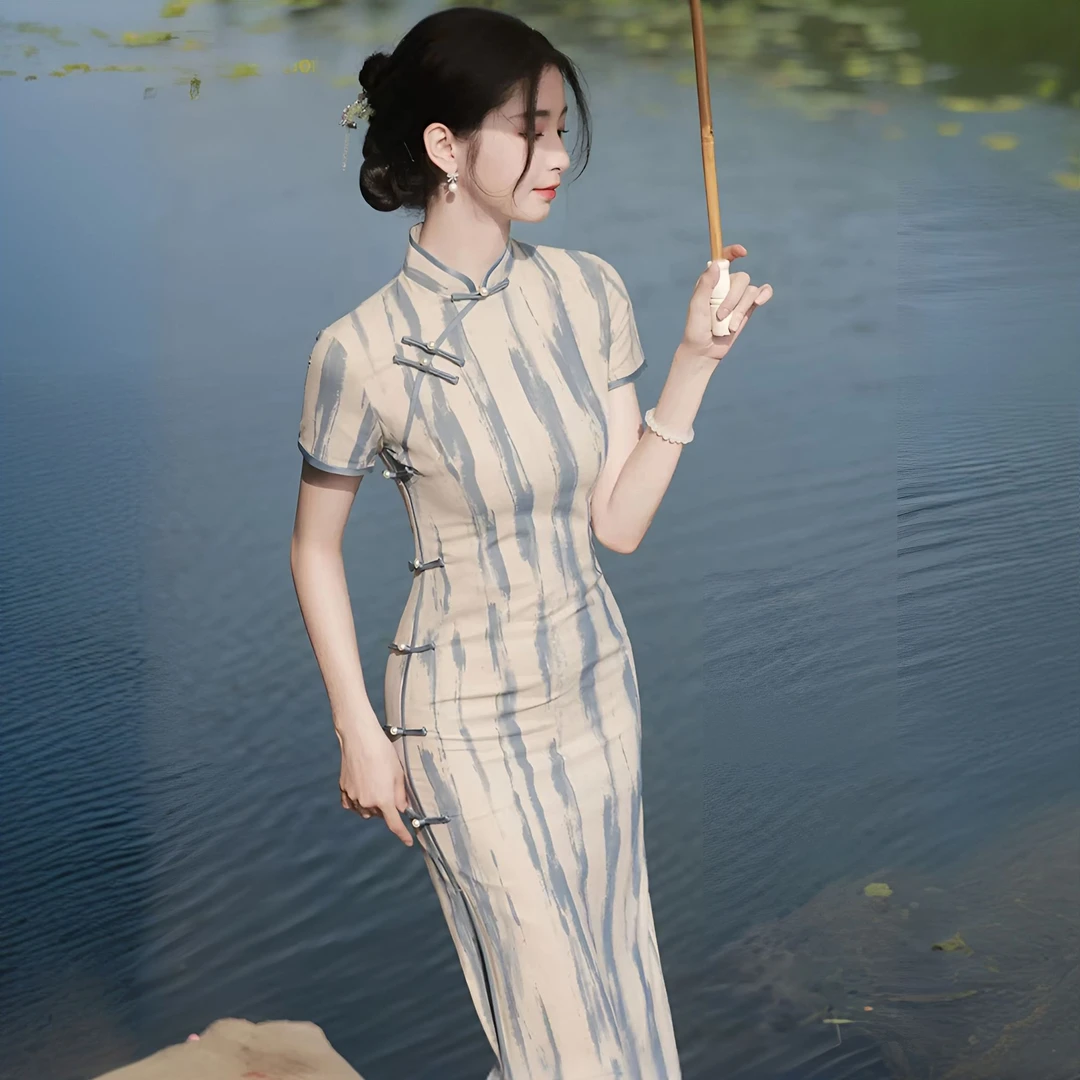 新中式夏季少女气质优雅中国风旗袍文艺范日常穿中长款复古条纹