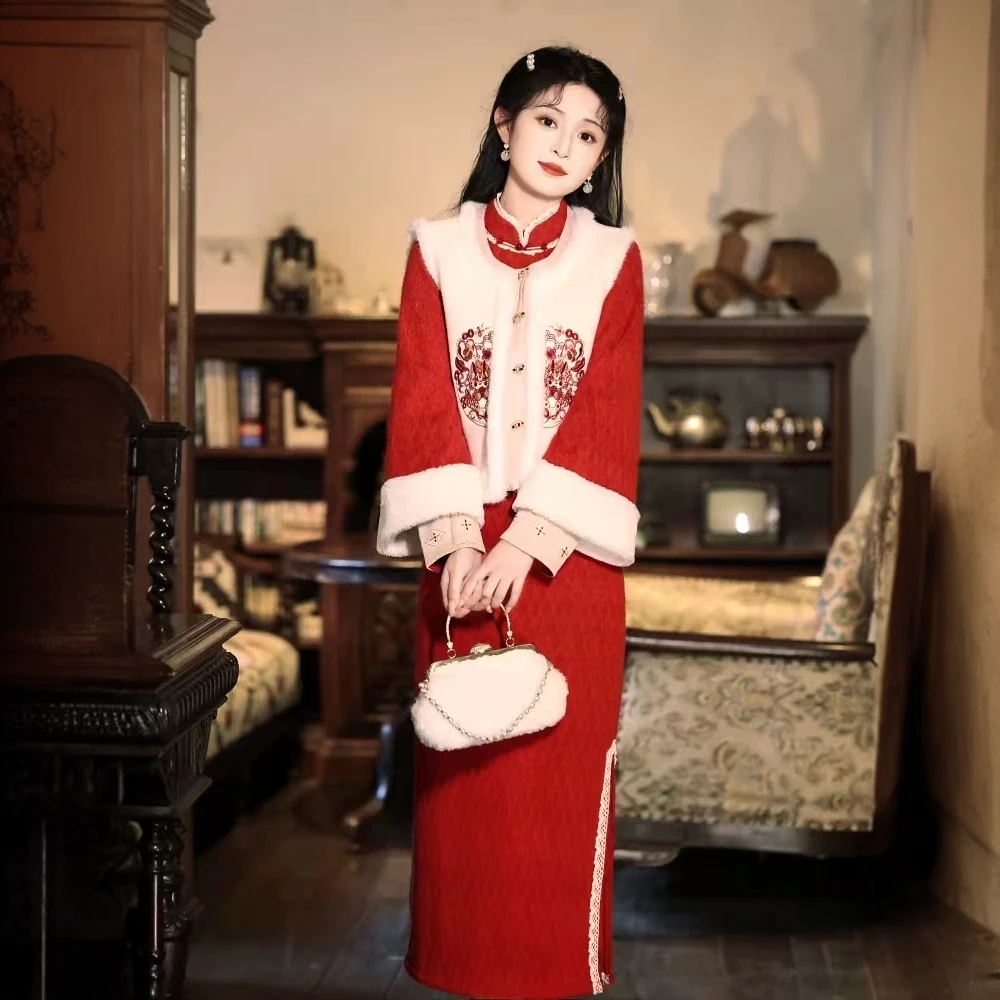 冬季新款新中式两件套加厚气质修身旗袍日常款复古优雅中国风显白