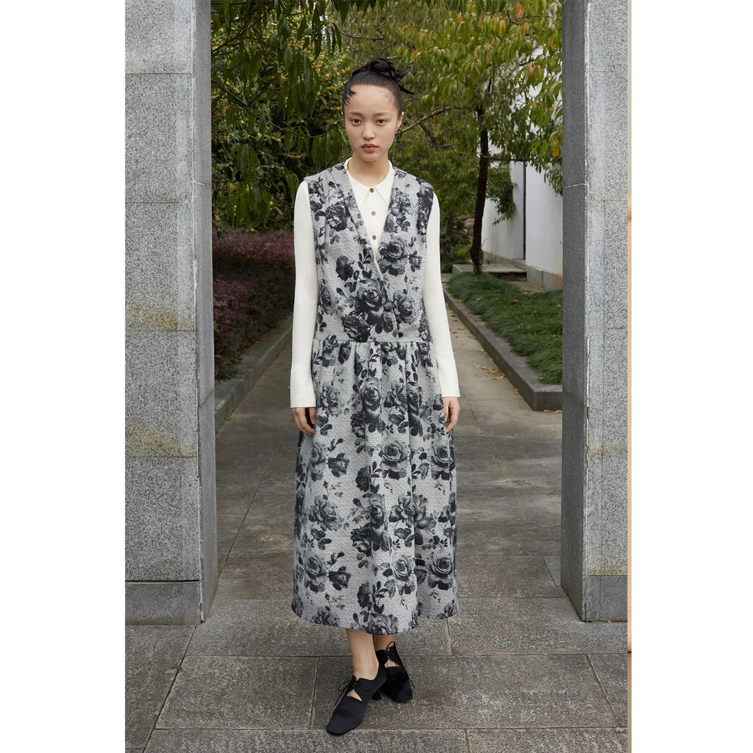 【SALE5折】蓝点·原创设计师定制花纹高级感无袖褶皱背心连衣裙