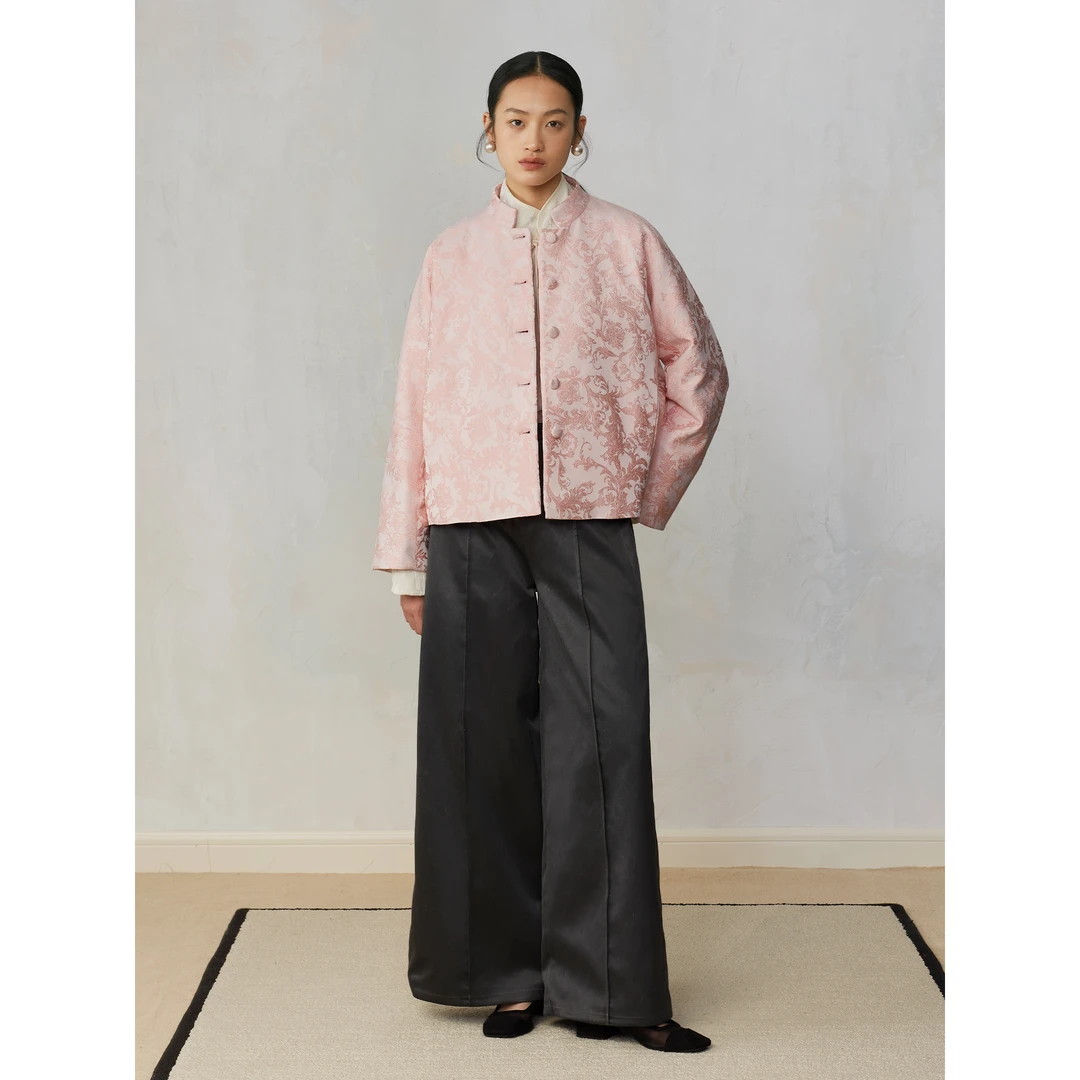 PaleBlueDot蓝点·原创设计师新中式粉色提花立领铺棉外套